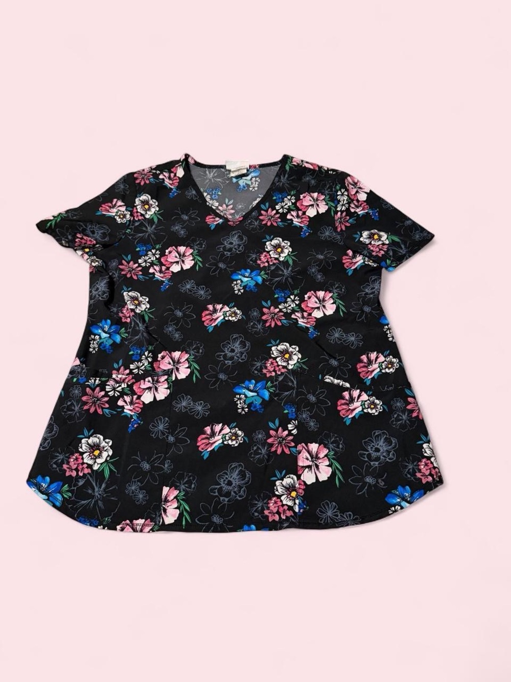 Scrubstar Black V-Neck Floral Short Sleeve Button Scrub Top